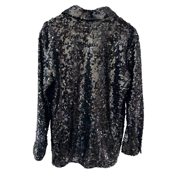 Zara‎ V Neck Collared Flowy Long Sleeve Sequined Top Black Size Medium - Picture 5 of 11